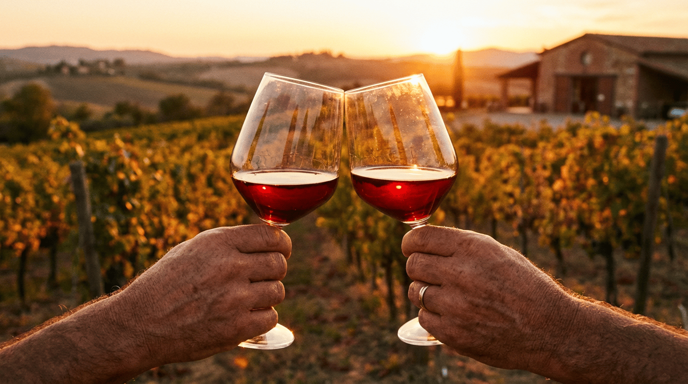 Two wine glasses with a vineyard in the background